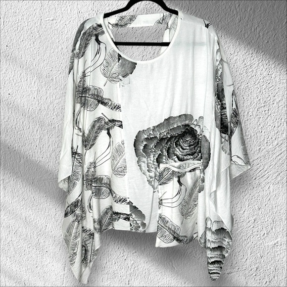 Fleur De Lis Medium White Black oversized feather print tunic Top Art to‎ Wear - Picture 1 of 10